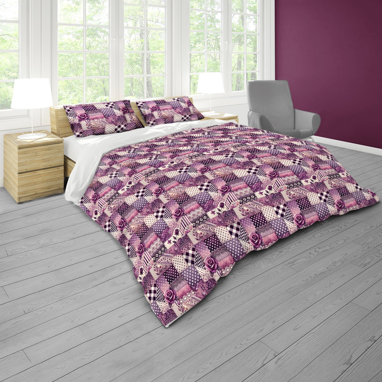 Purple Blossom Blocks Duvet Cover Set
