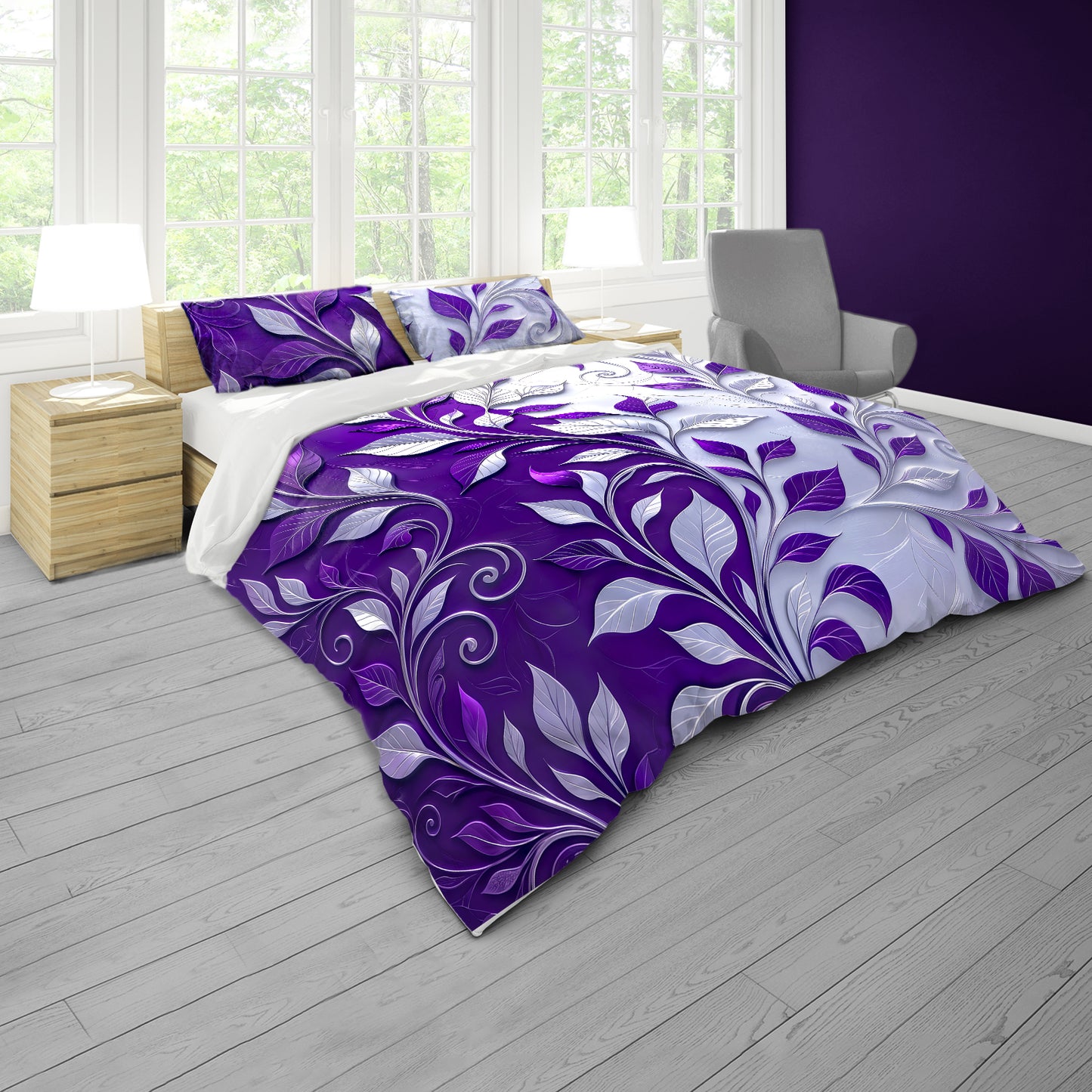 Purple and Silver Garden Duvet Cover Set