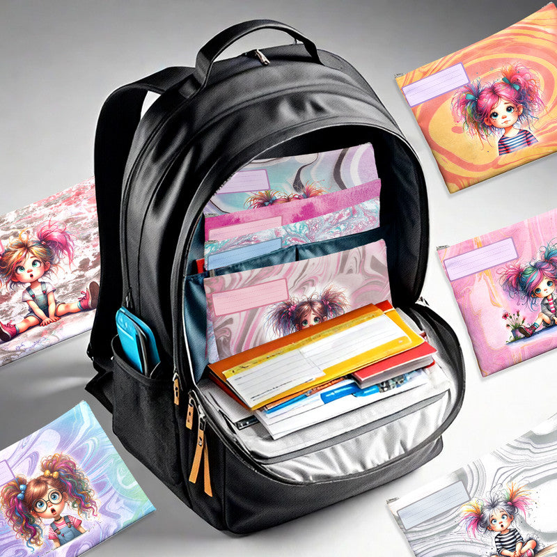 Quirky Little Girl Subject Savvy Book Bags Set Of 9