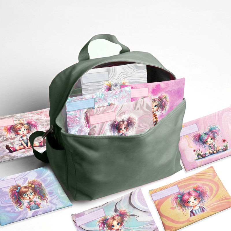 Quirky Little Girl Subject Savvy Book Bags Set Of 9
