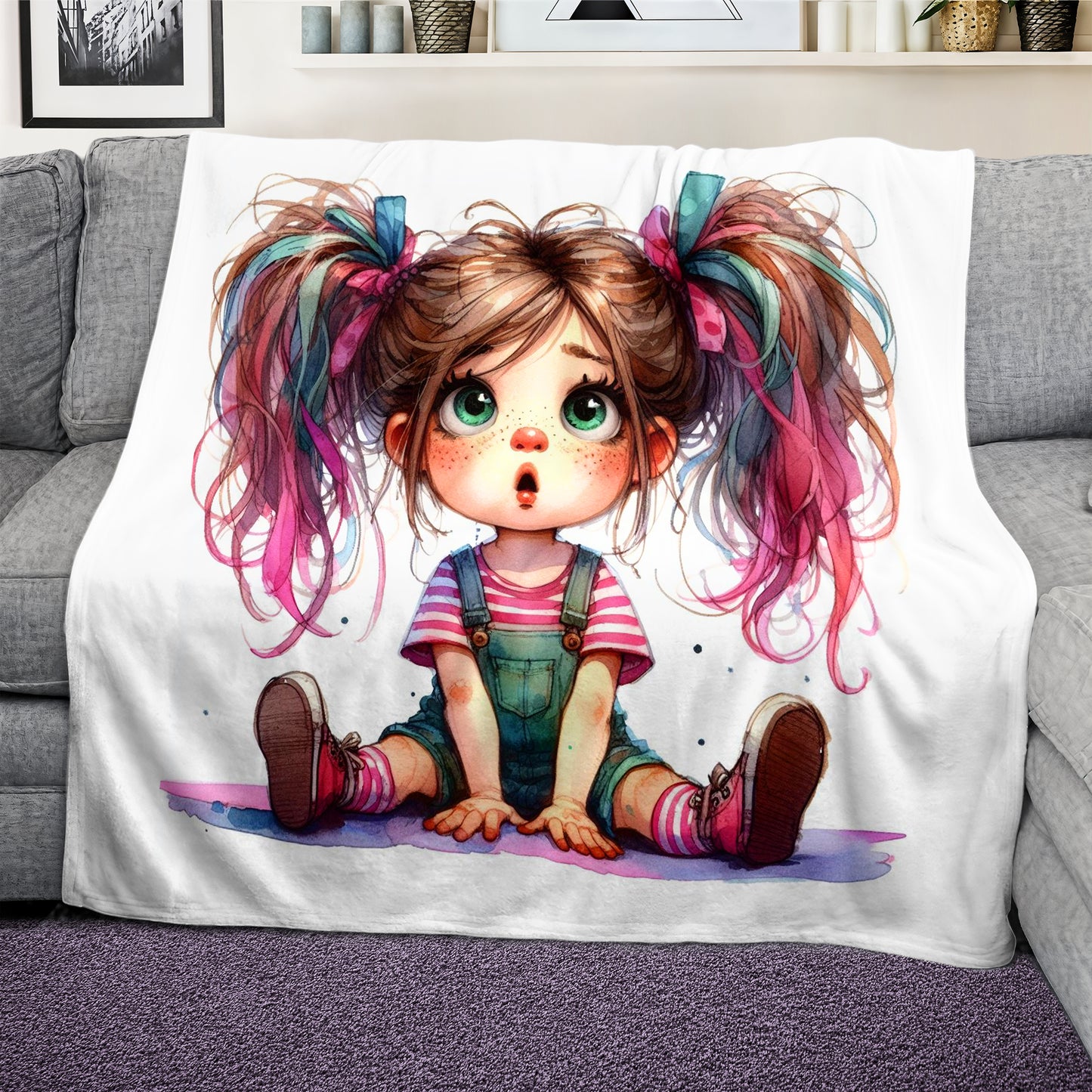 Quirky Ponytail Girl Light Weight Fleece Blanket