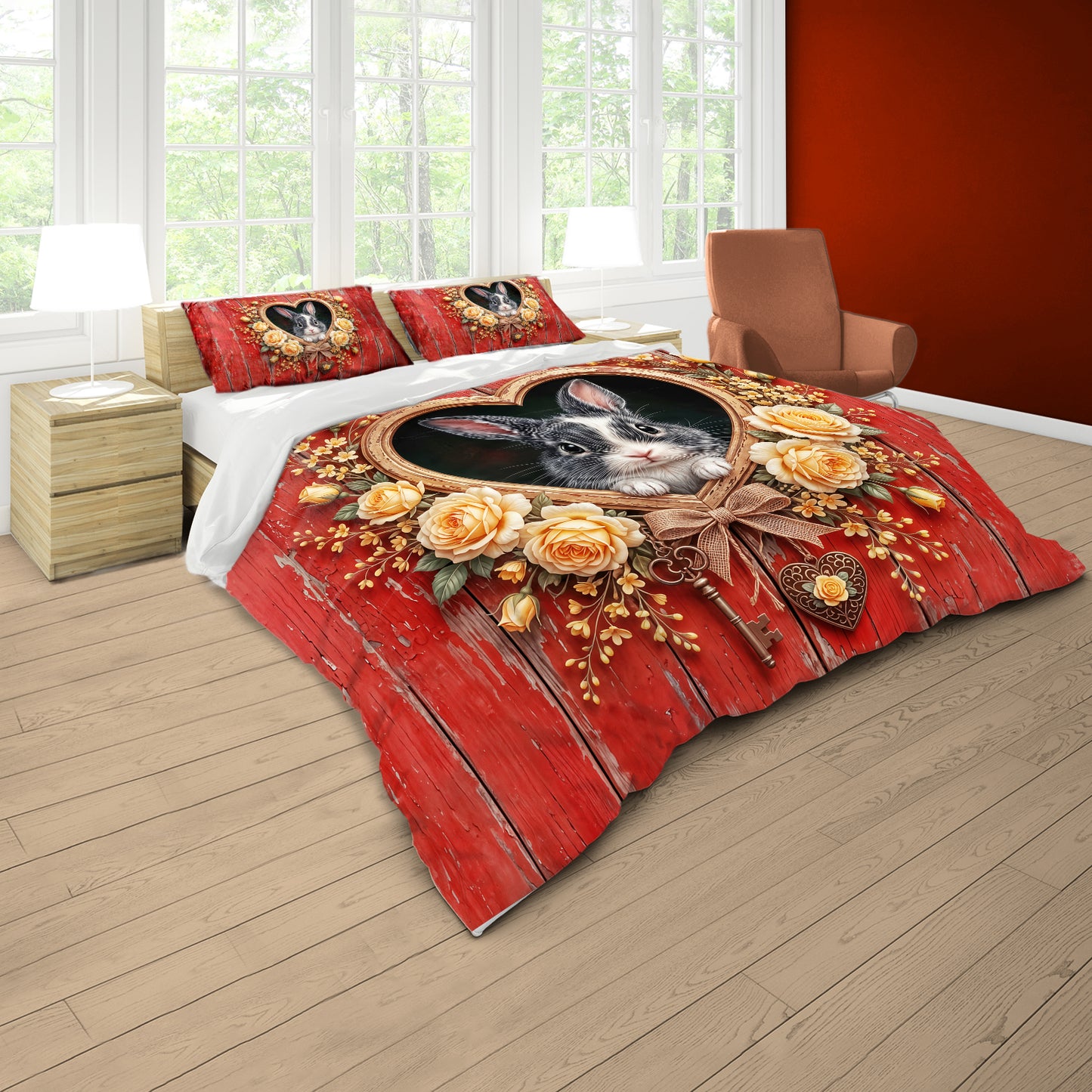 Rabbit Yellow Rose Duvet Cover Set