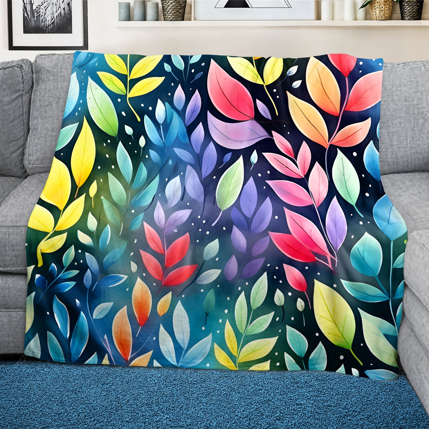 Rainbow Foliage on Teal Light Weight Fleece Blanket