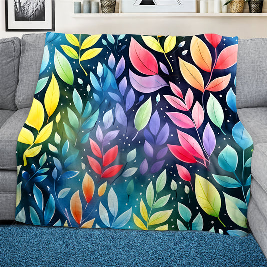 Rainbow Foliage on Teal Light Weight Fleece Blanket