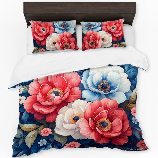 Red And Blue Flower Painting Duvet Cover Set by Wikus Schalkwyk