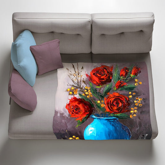 Red flolwers in blue Light Weigt Fleece Blanket By Juanette Menderoi