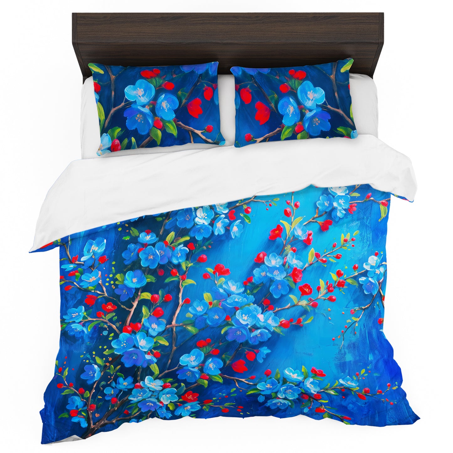 Red Blossoms on Blue Duvet Cover Set
