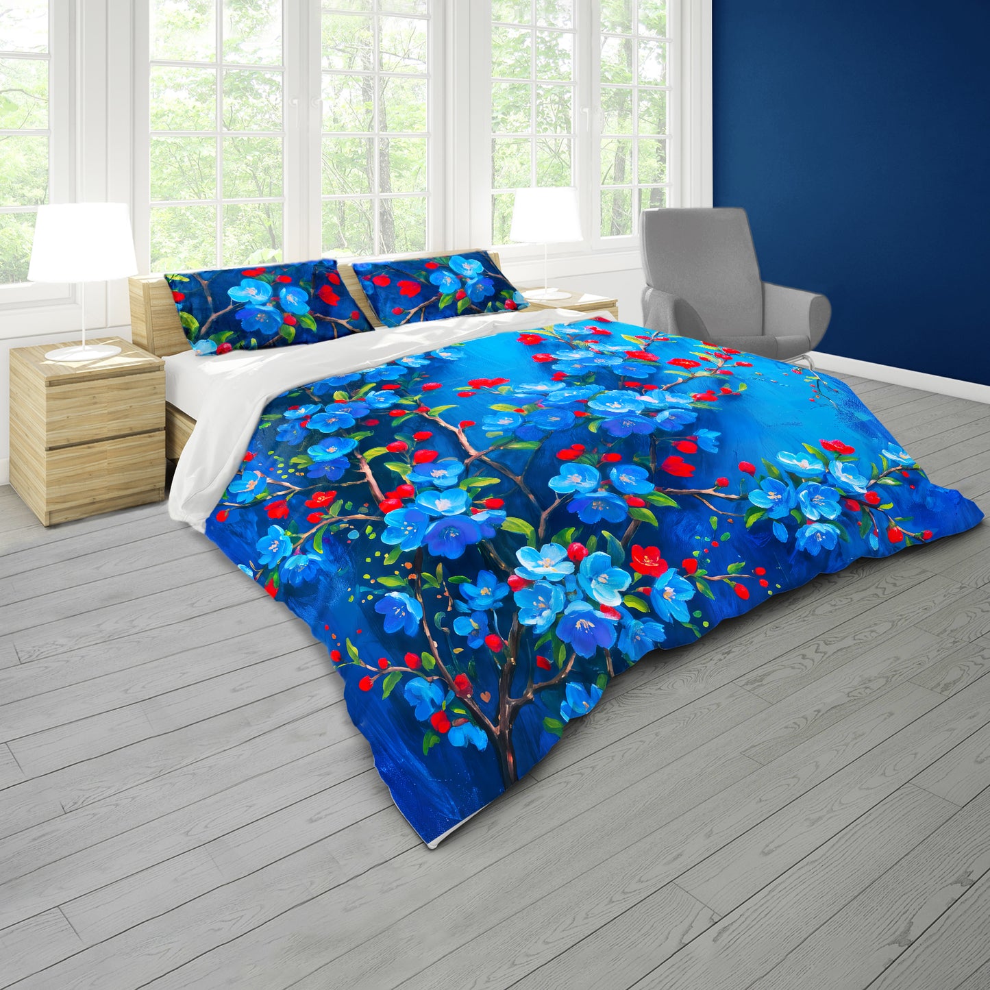 Red Blossoms on Blue Duvet Cover Set