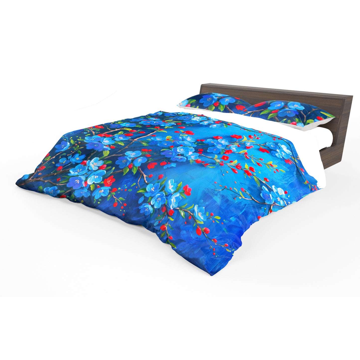 Red Blossoms on Blue Duvet Cover Set