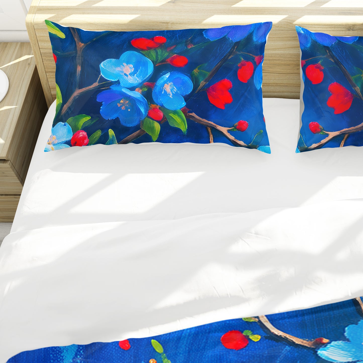 Red Blossoms on Blue Duvet Cover Set