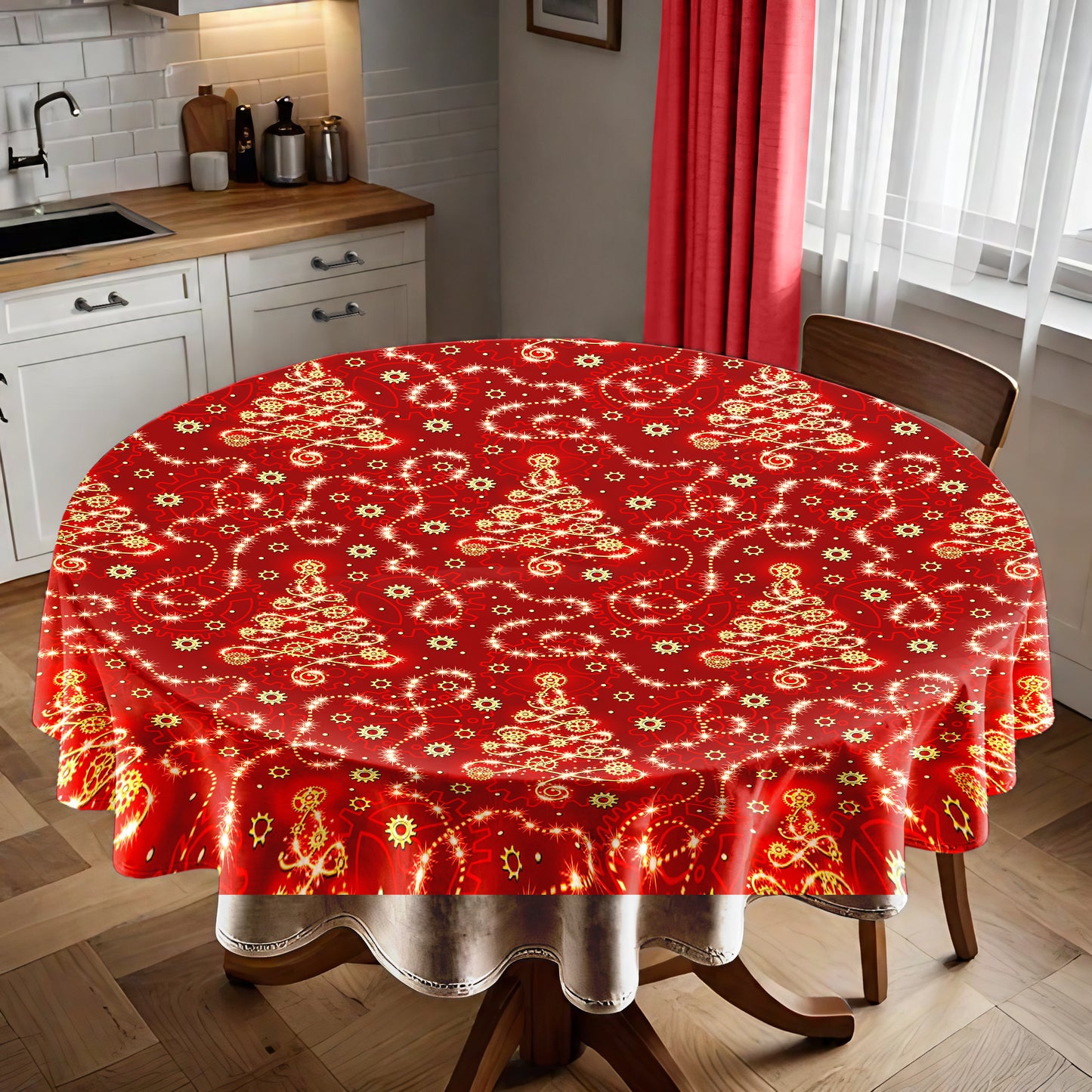 Red Christmas Tree Round Tablecloth