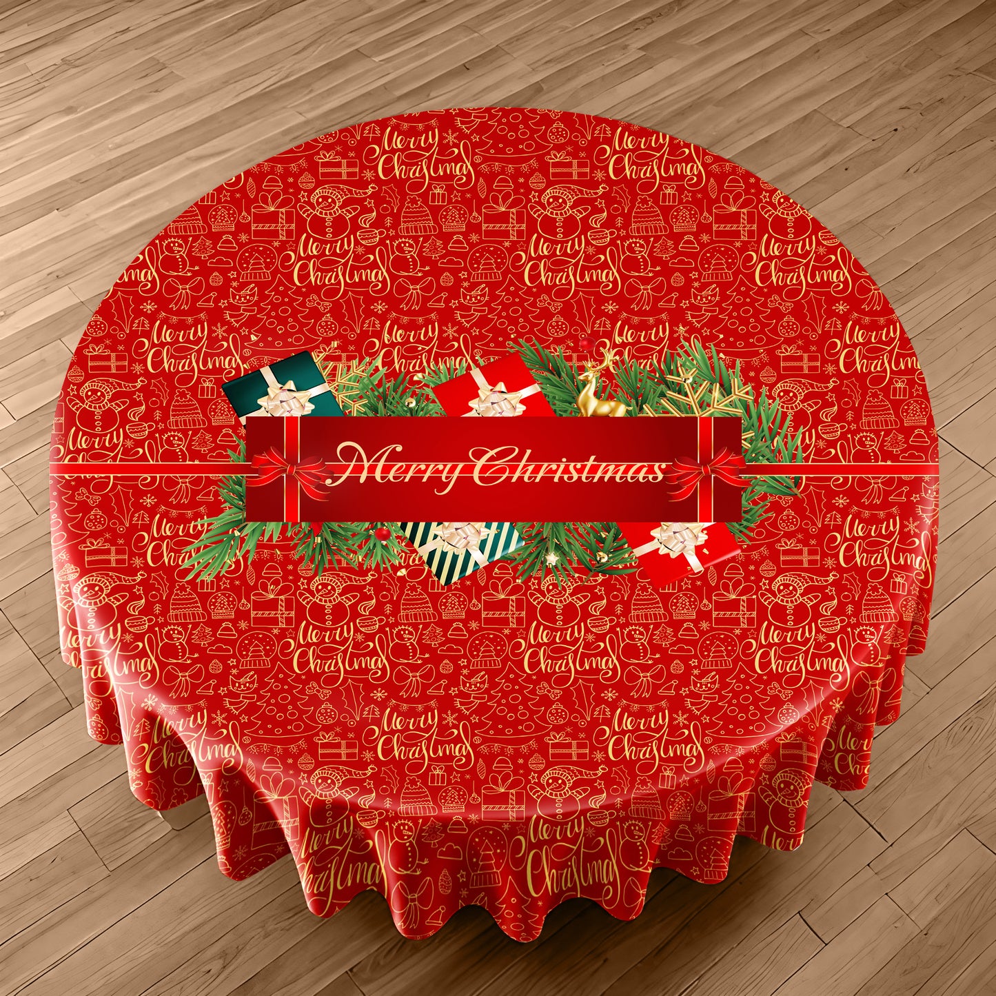 Red Doodle Christmas Round Tablecloth