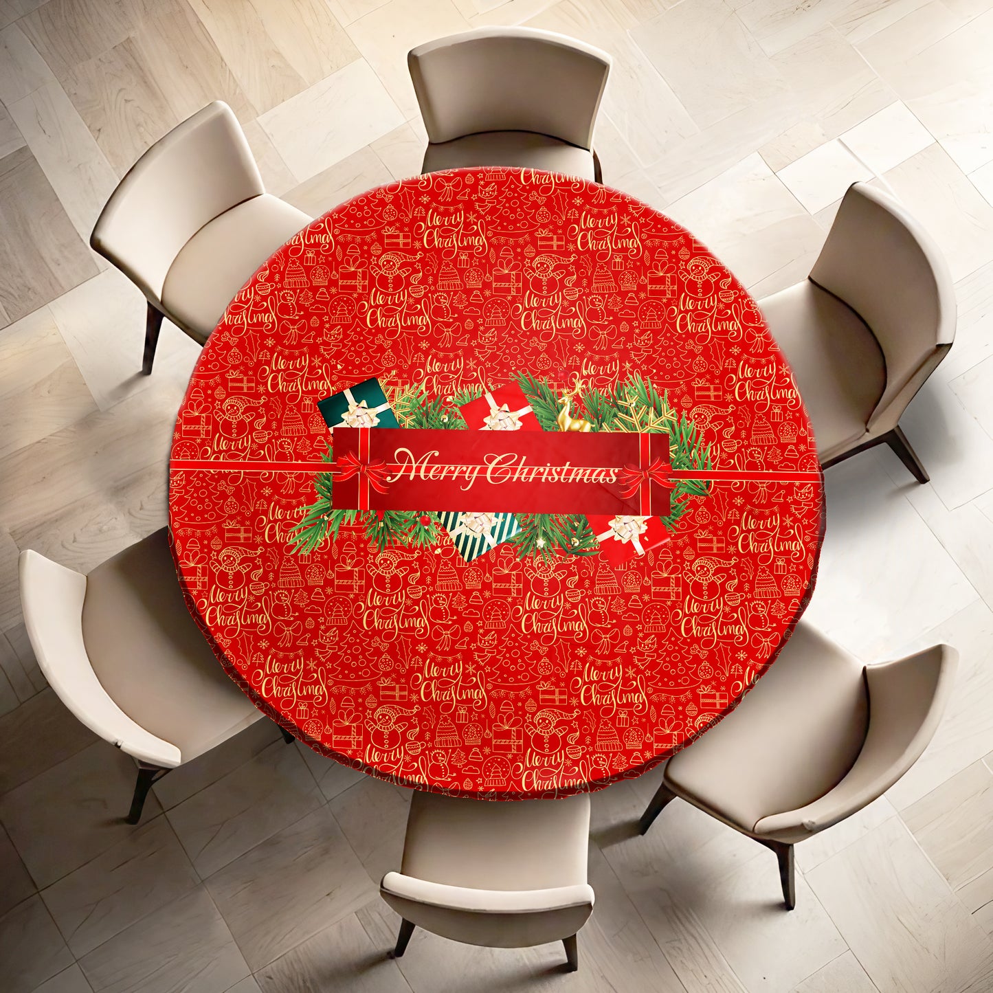 Red Doodle Christmas Round Tablecloth