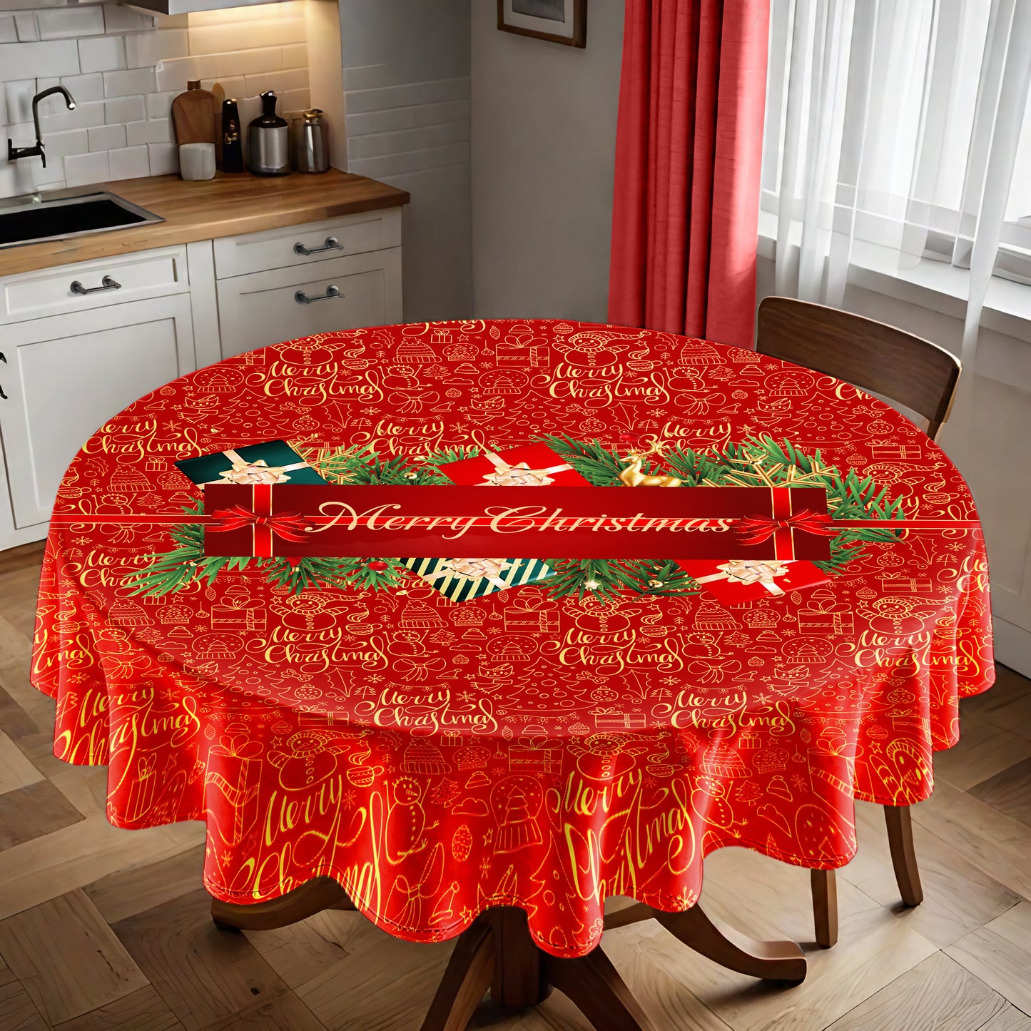 Red Doodle Christmas Round Tablecloth