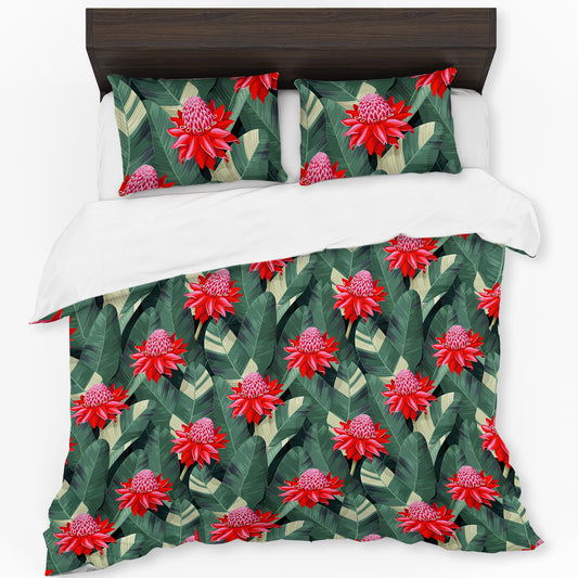 Red Flowers On Green Leaves Duvet Cover Set
