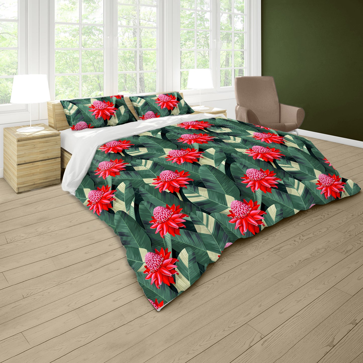 Red Flowers On Green Leaves Duvet Cover Set