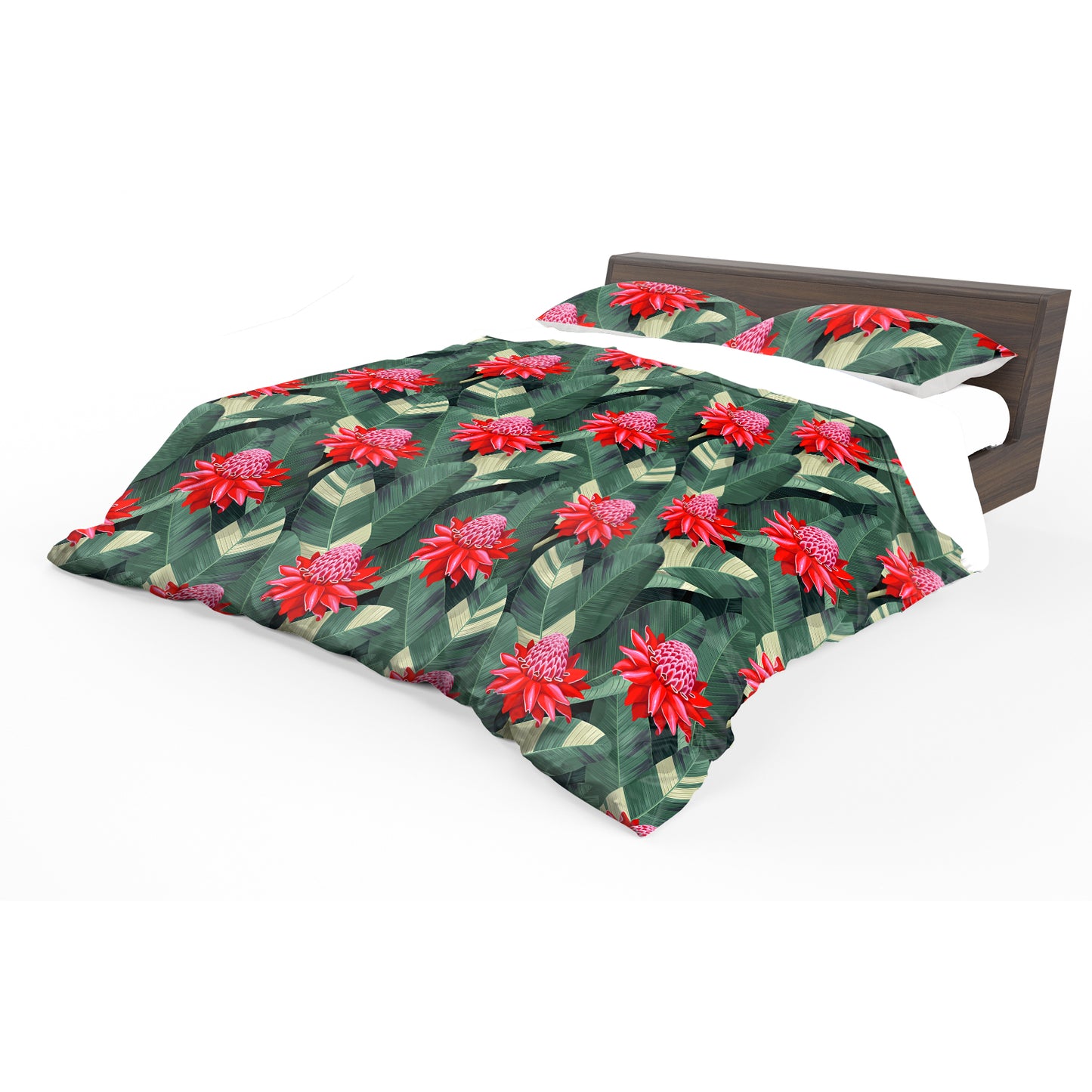 Red Flowers On Green Leaves Duvet Cover Set
