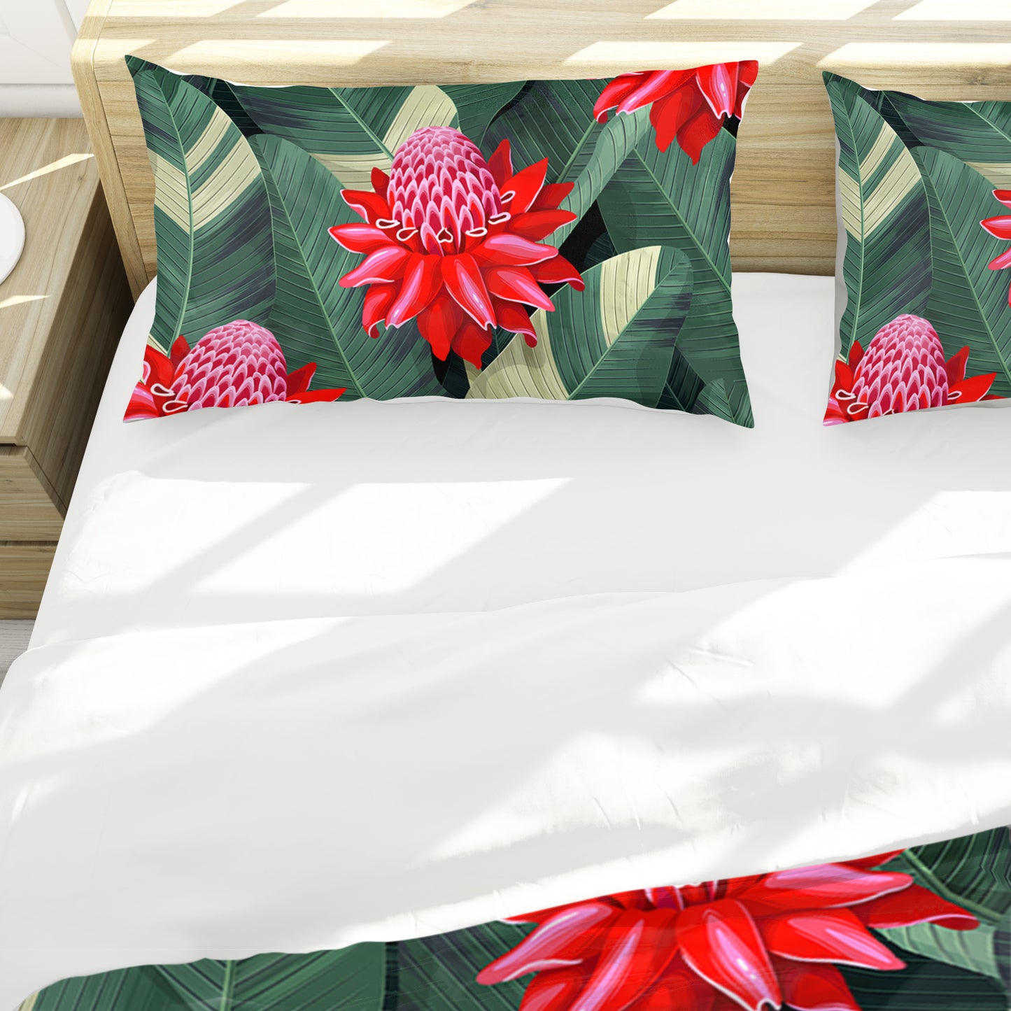 Red Flowers On Green Leaves Duvet Cover Set