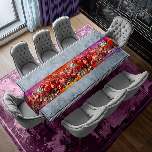 Red Flowers and Eucalyptus Leaves Table Runner