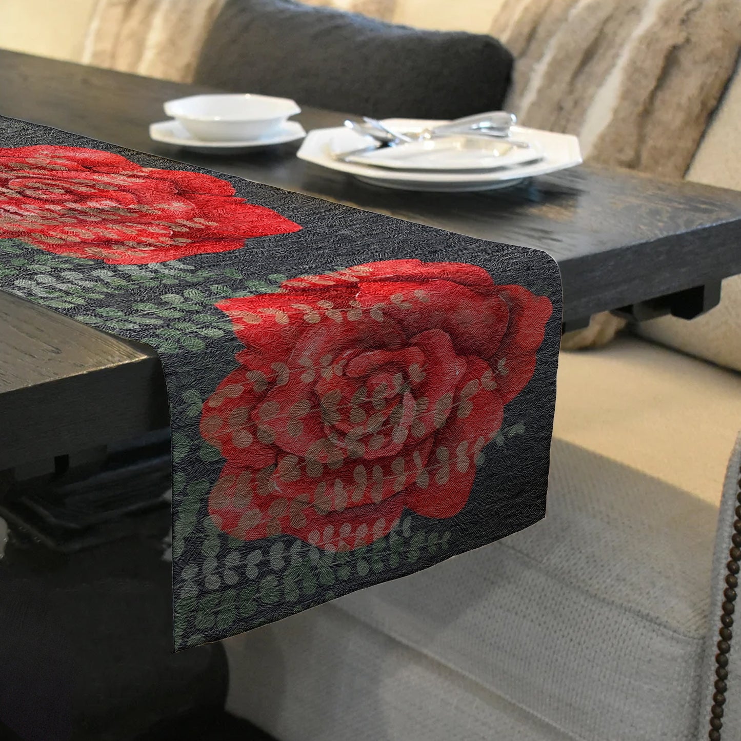 Red Flowers with River Leaves Table Runner By Mark van Vuuren