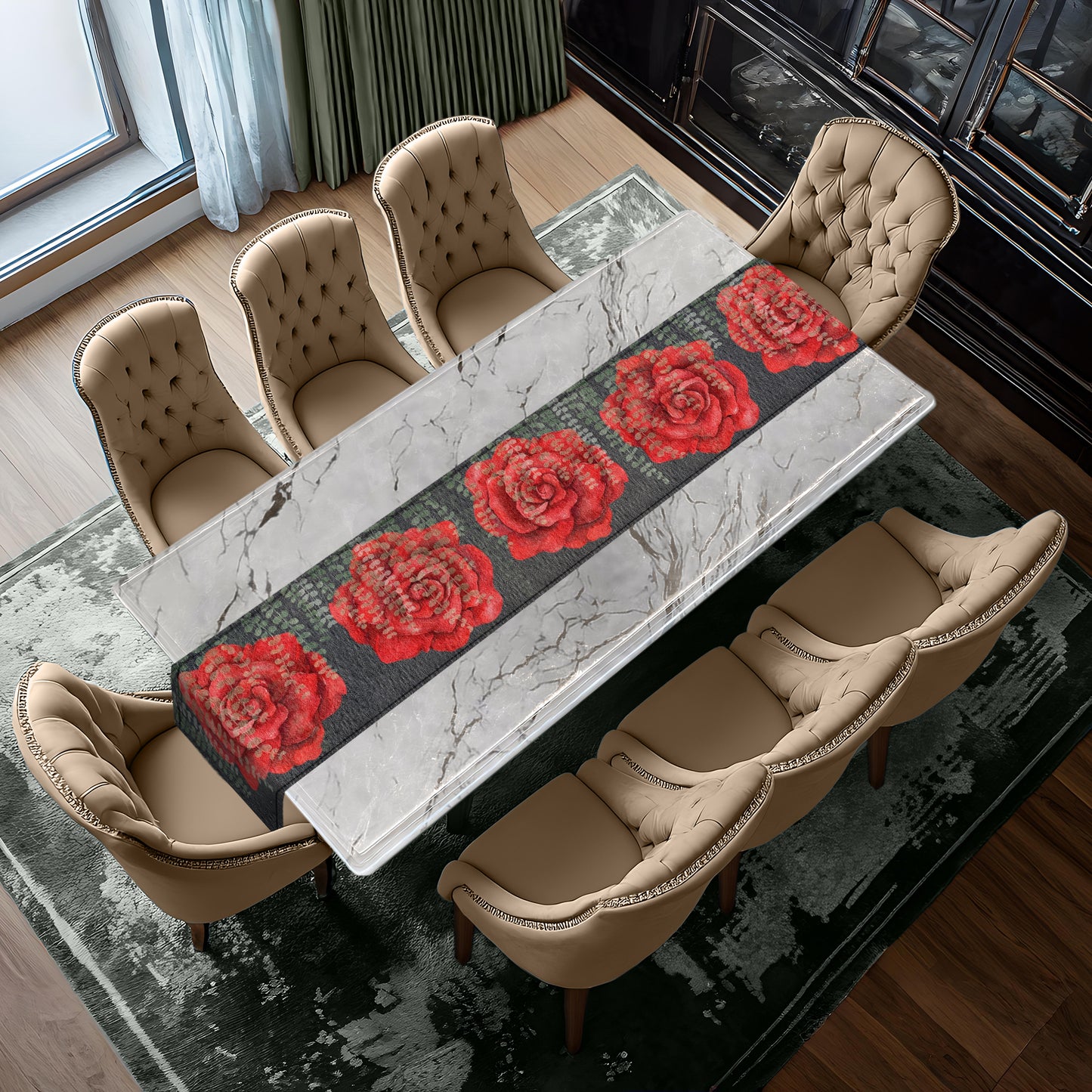 Red Flowers with River Leaves Table Runner By Mark van Vuuren