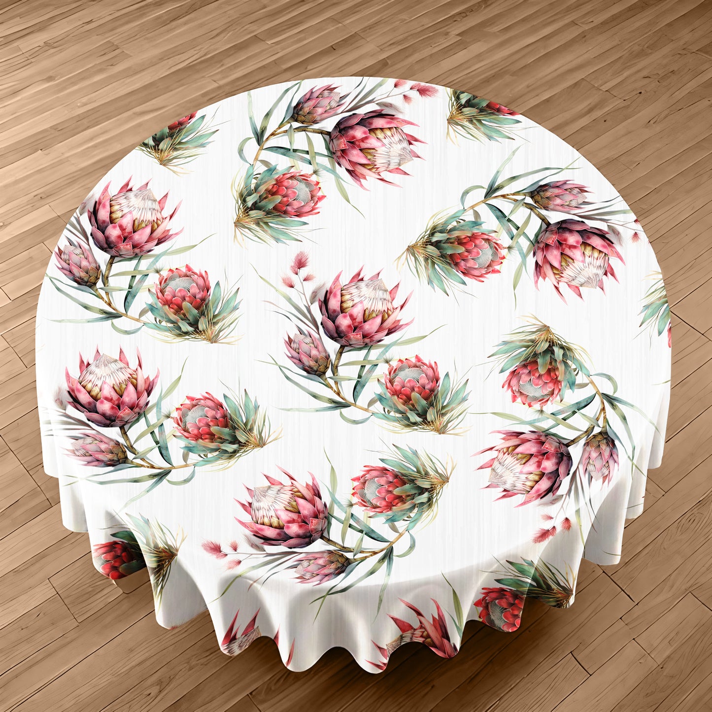 Red  Protea on White Wood Round Tablecloth by Mark van Vuuren