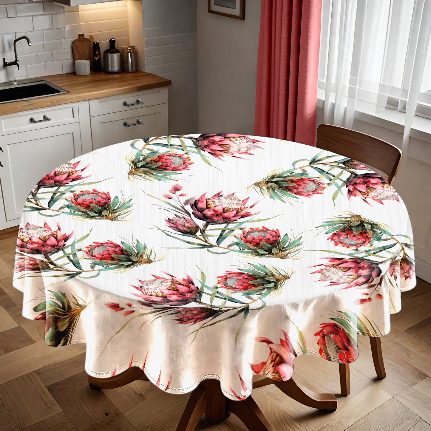 Red  Protea on White Wood Round Tablecloth by Mark van Vuuren