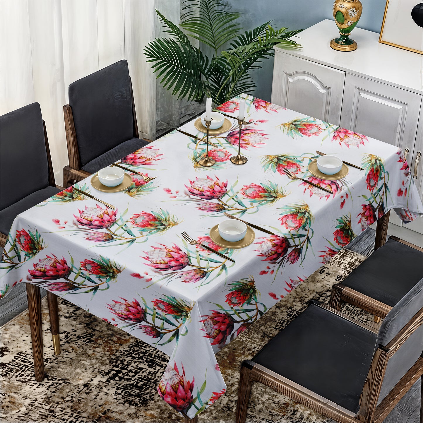 Red  Proteas on White Rectangle Tablecloth by Mark van Vuuren