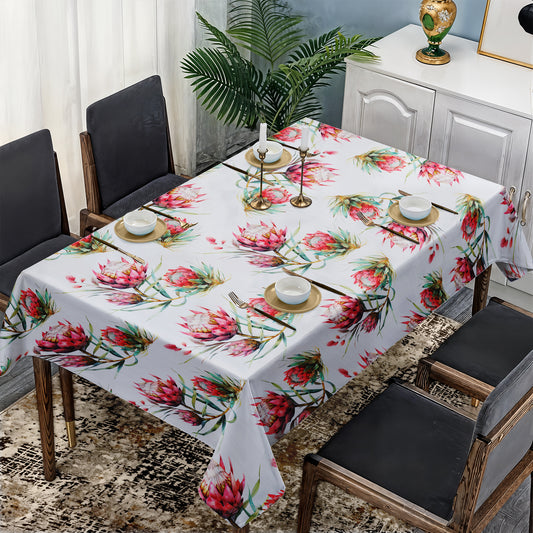 Red  Proteas on White Rectangle Tablecloth by Mark van Vuuren