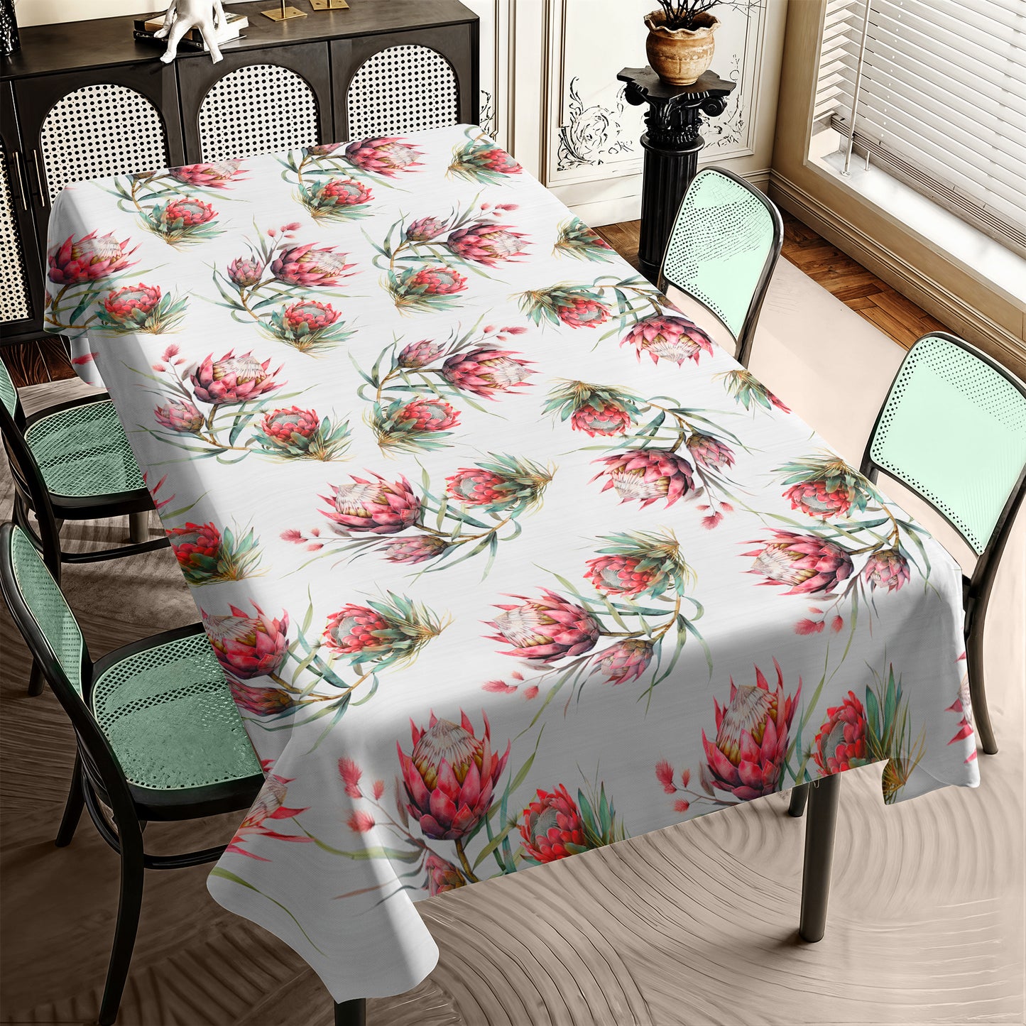 Red  Proteas on White Rectangle Tablecloth by Mark van Vuuren