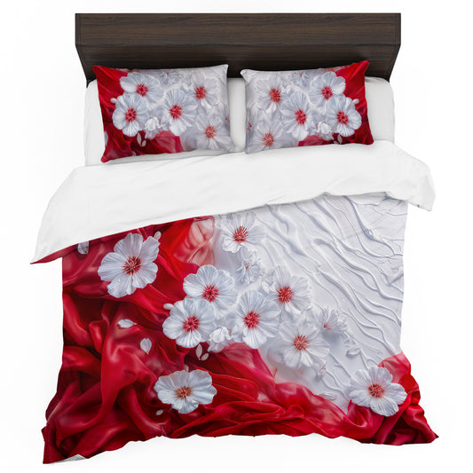Red Silk and White Floral Duvet Cover Set