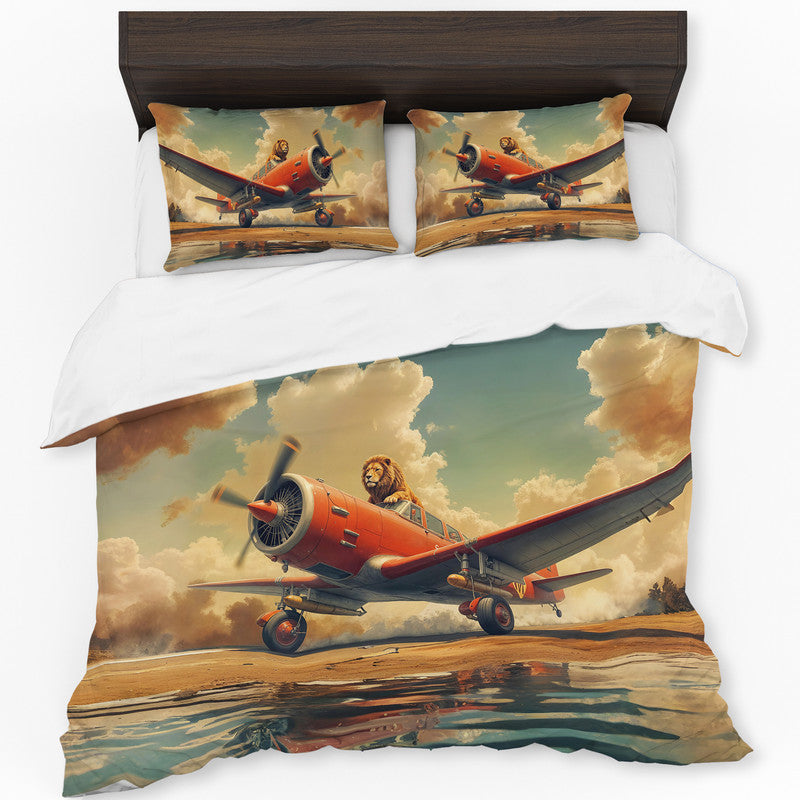 Retro Lion On Plane Duvet Cover Set