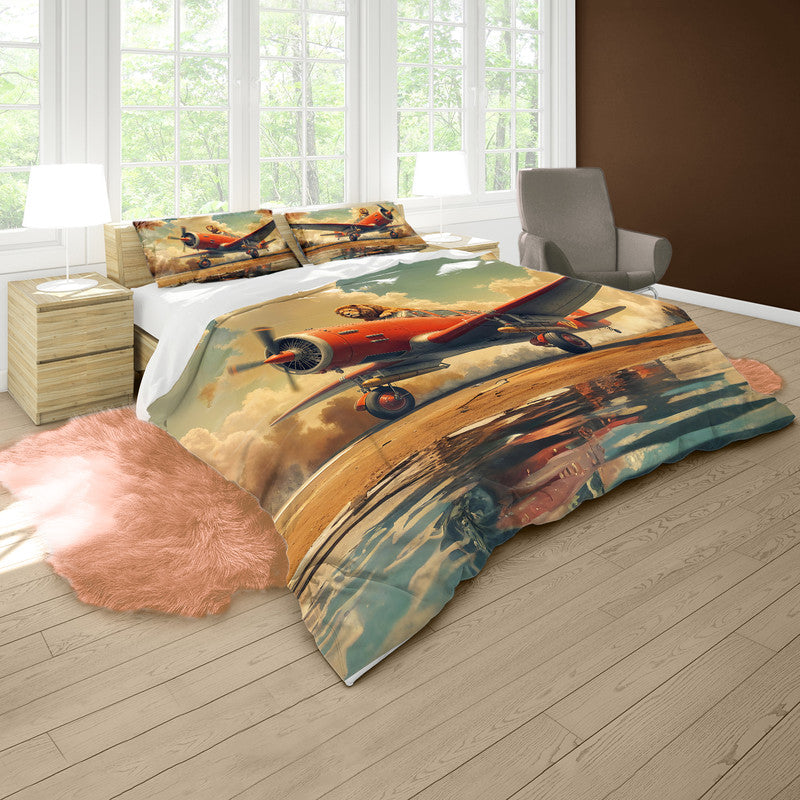 Retro Lion On Plane Duvet Cover Set