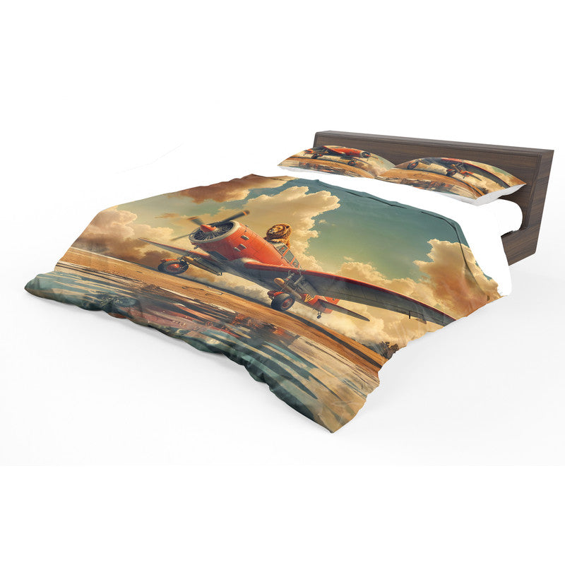 Retro Lion On Plane Duvet Cover Set