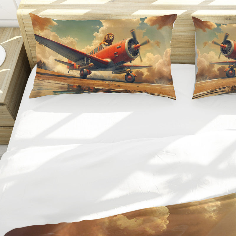 Retro Lion On Plane Duvet Cover Set