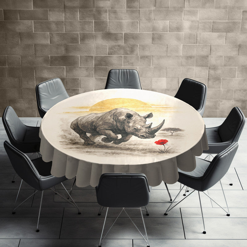 Rhino And The Red Bloom Round Tablecloth by Nathan Pieterse