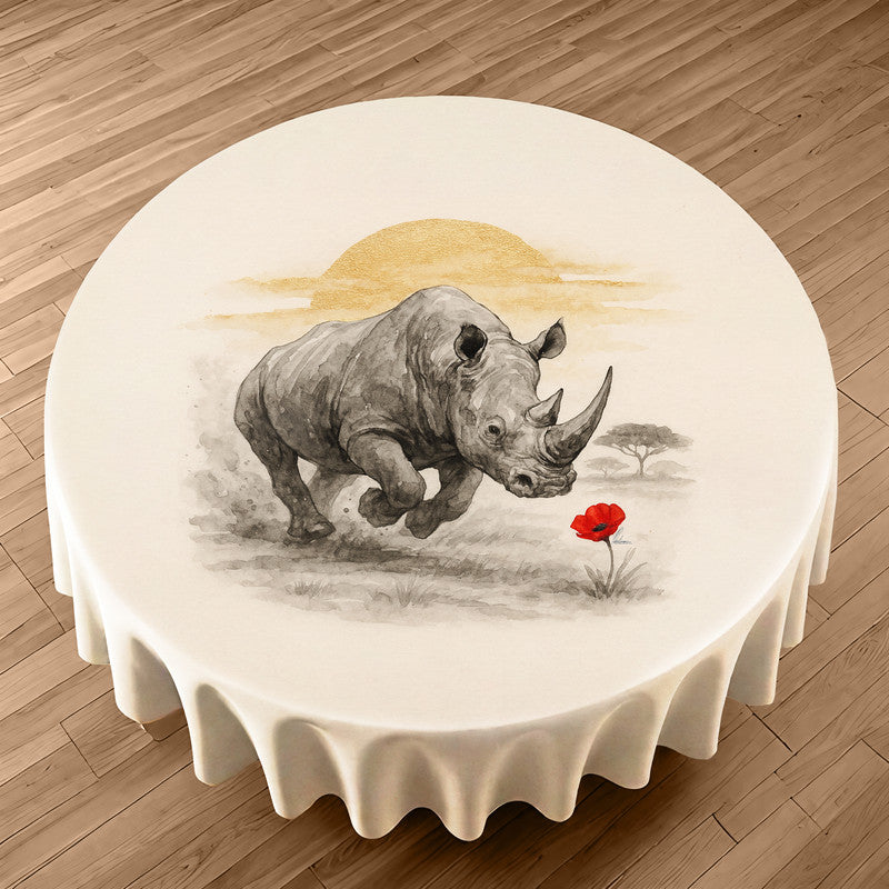 Rhino And The Red Bloom Round Tablecloth by Nathan Pieterse
