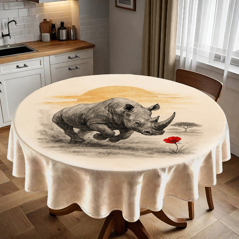 Rhino And The Red Bloom Round Tablecloth by Nathan Pieterse