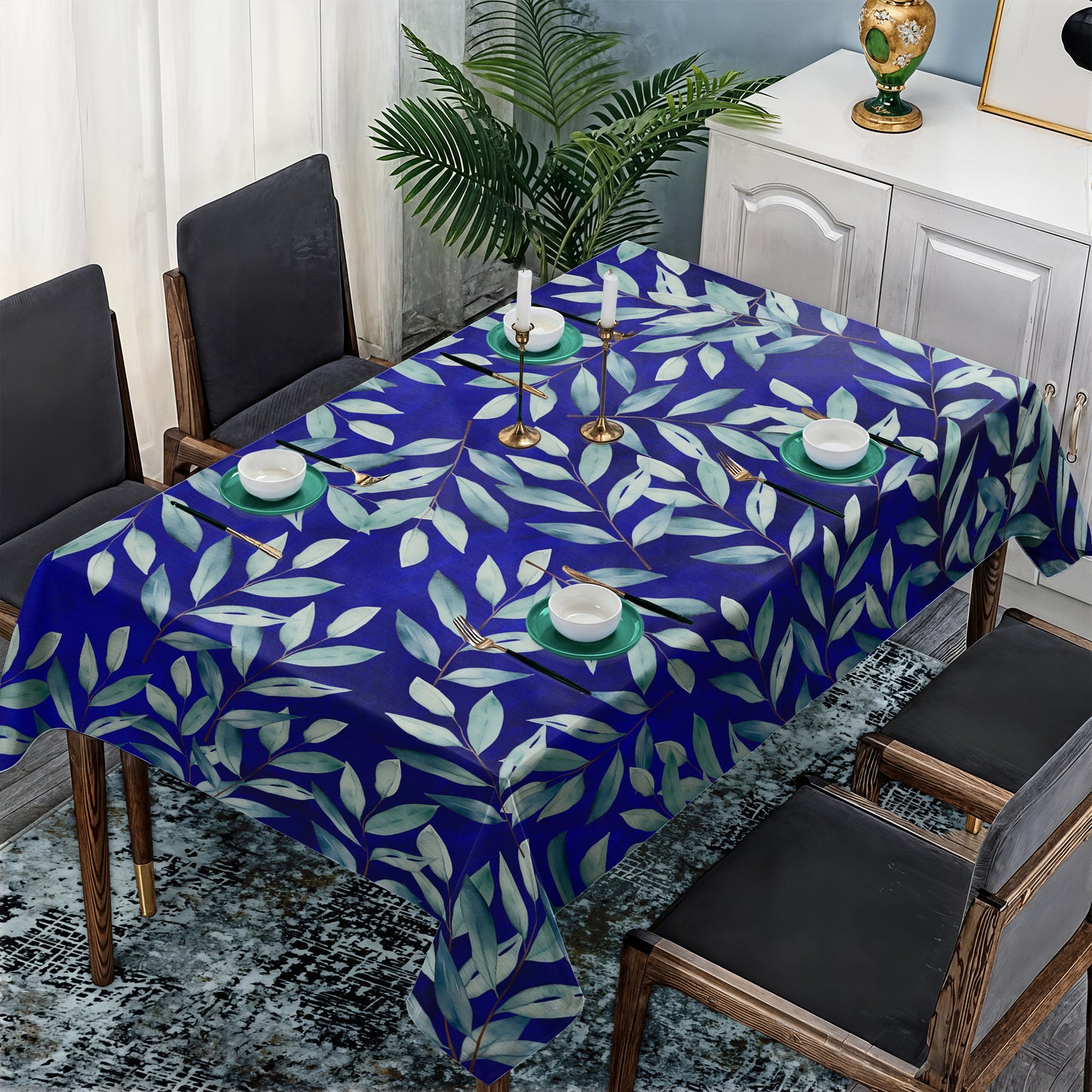 Royal Blue Waterpainted Blue Leaves Rectangle Tablecloth By Mark Van Vuuren