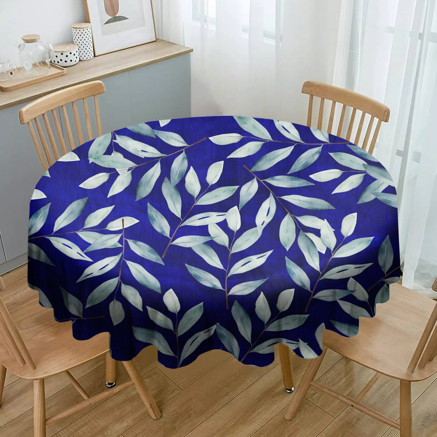 Royal Blue Water Painted Leaves By Mark Van Vuuren Round Tablecloth