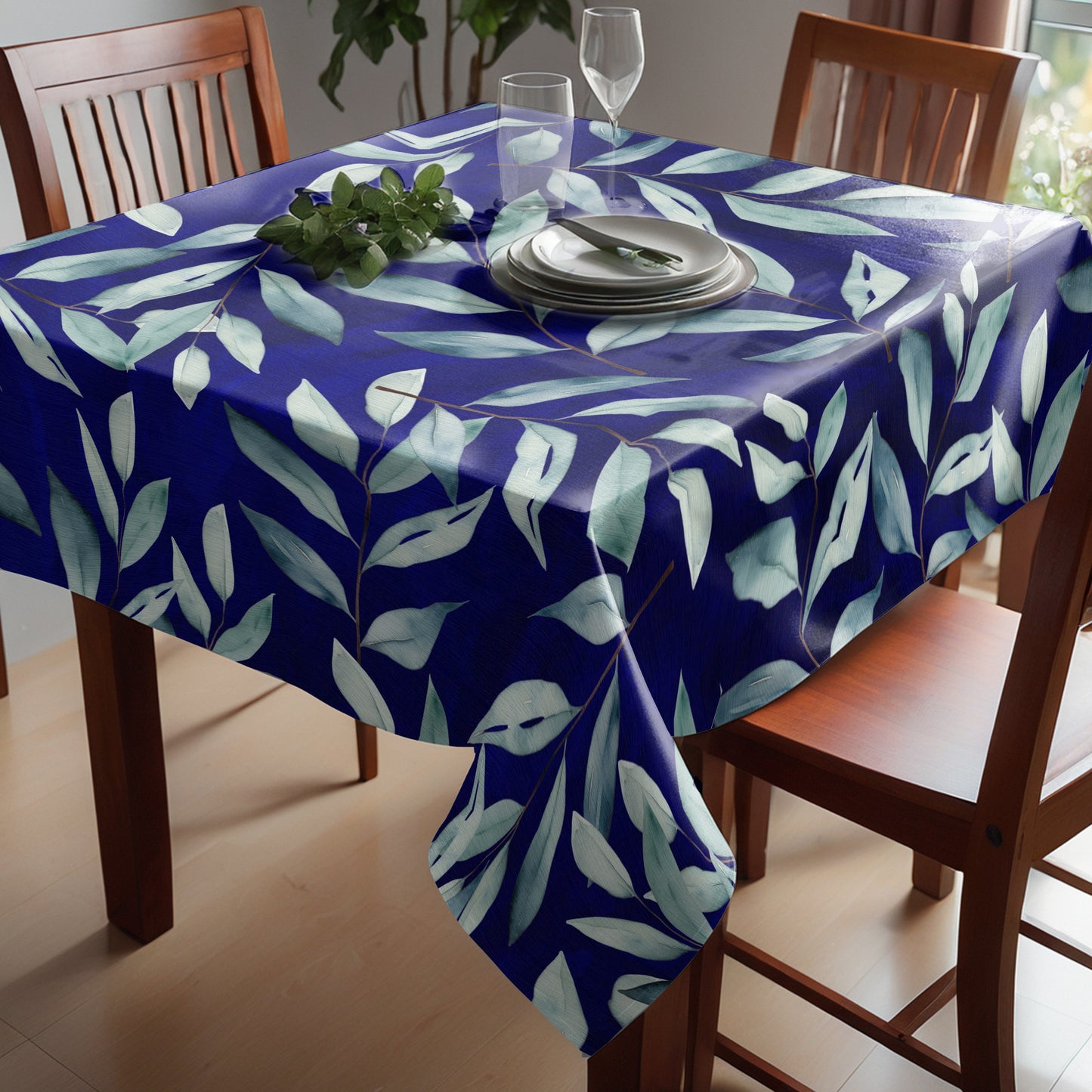 Royal Blue Waterpainted Blue Leaves By Mark Van Vuuren Square Tablecloth