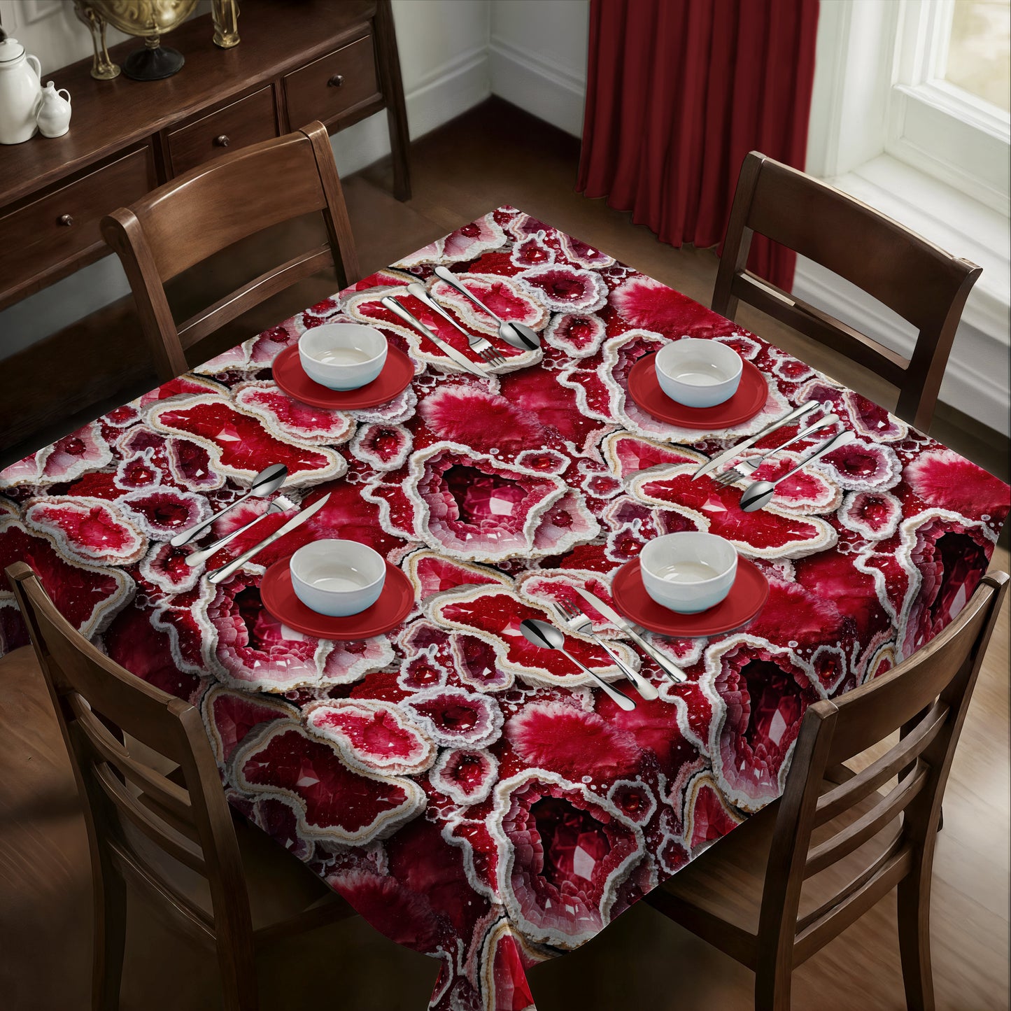 Ruby Red Geode Crystal Square Tablecloth