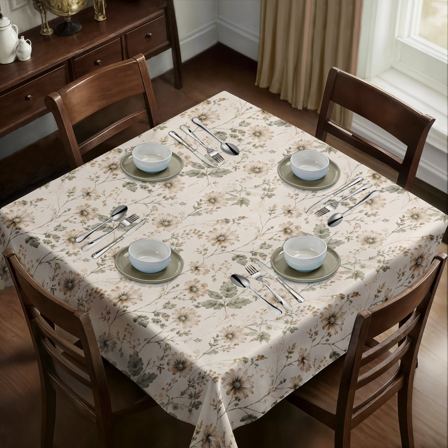 Sage & Cream Flora Square Tablecloth
