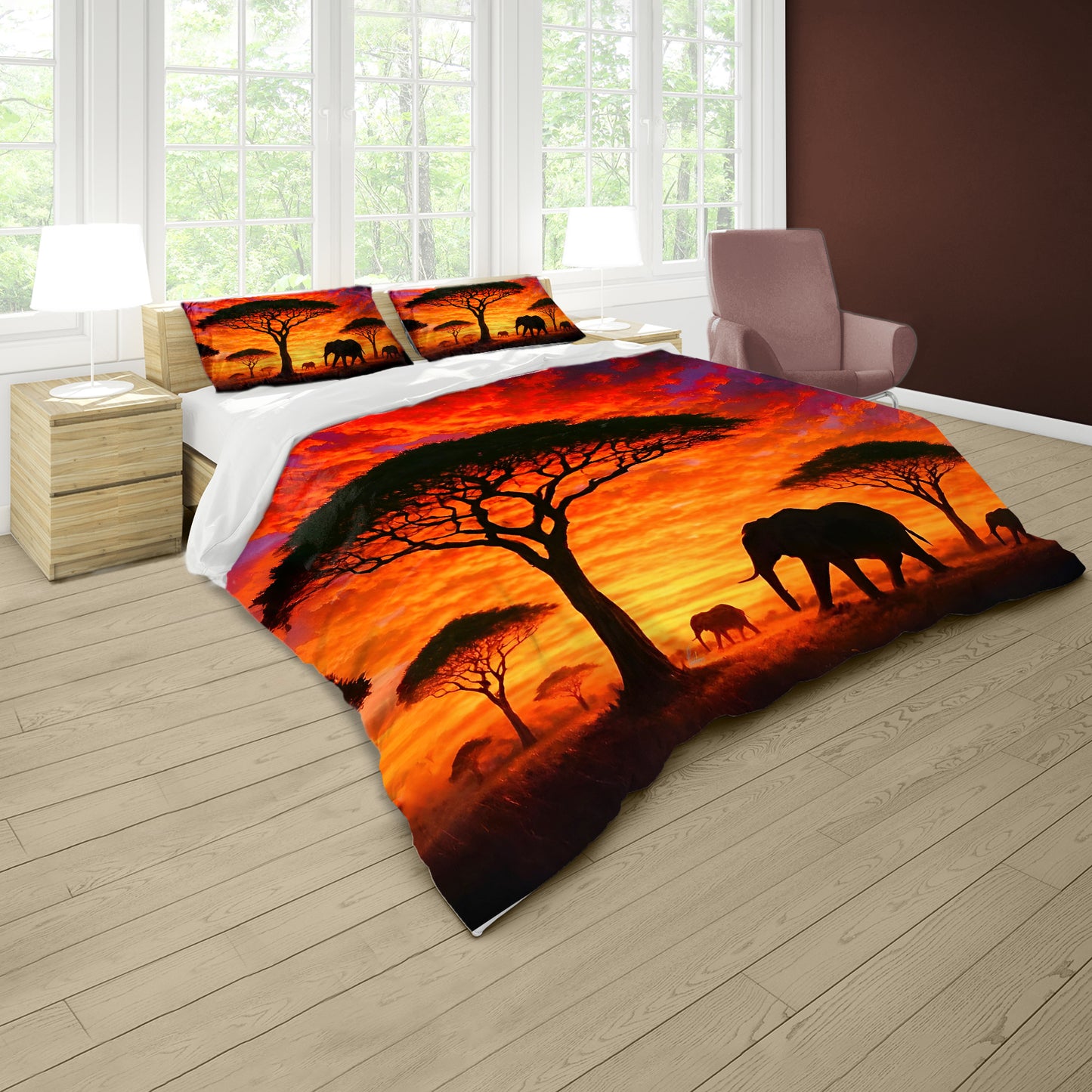 Savannah Sunset with Elephants and Acacias Duvet Cover Set by Nathan Pieterse