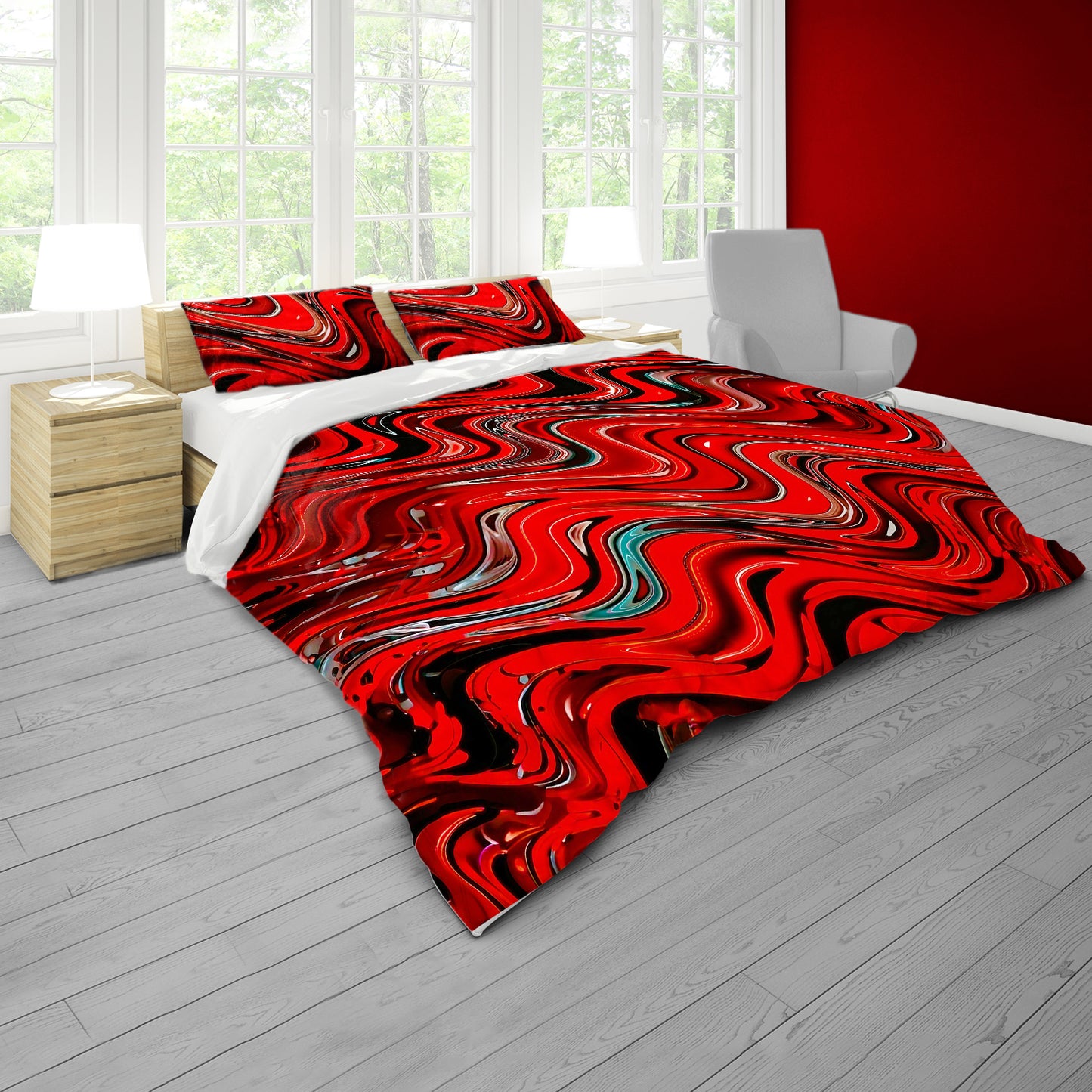 Scarlet Red Stream Duvet Cover Set