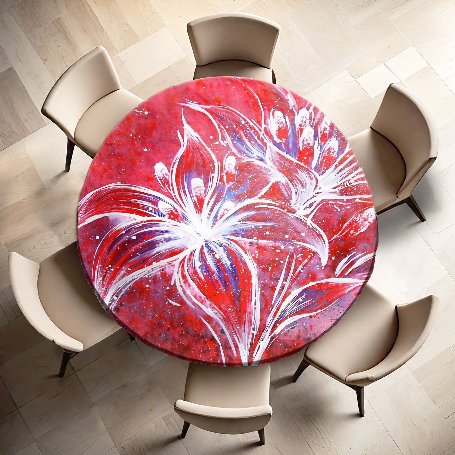 Shadow of White on Red Round Tablecloth