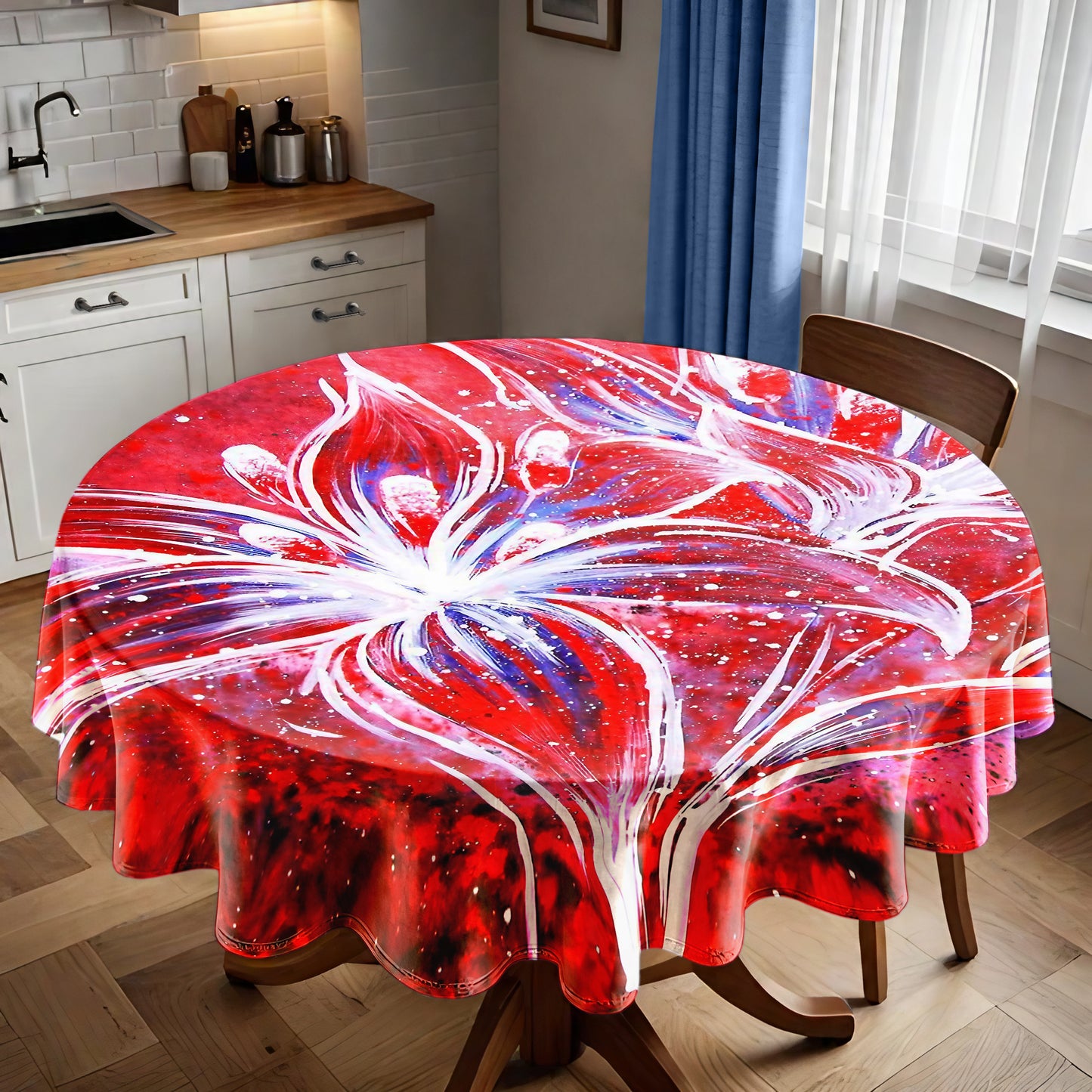 Shadow of White on Red Round Tablecloth