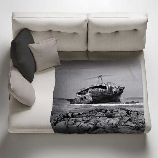 Shipwreck West Coast Black White Light Weigt Fleece Blanket By Fanie Heymans