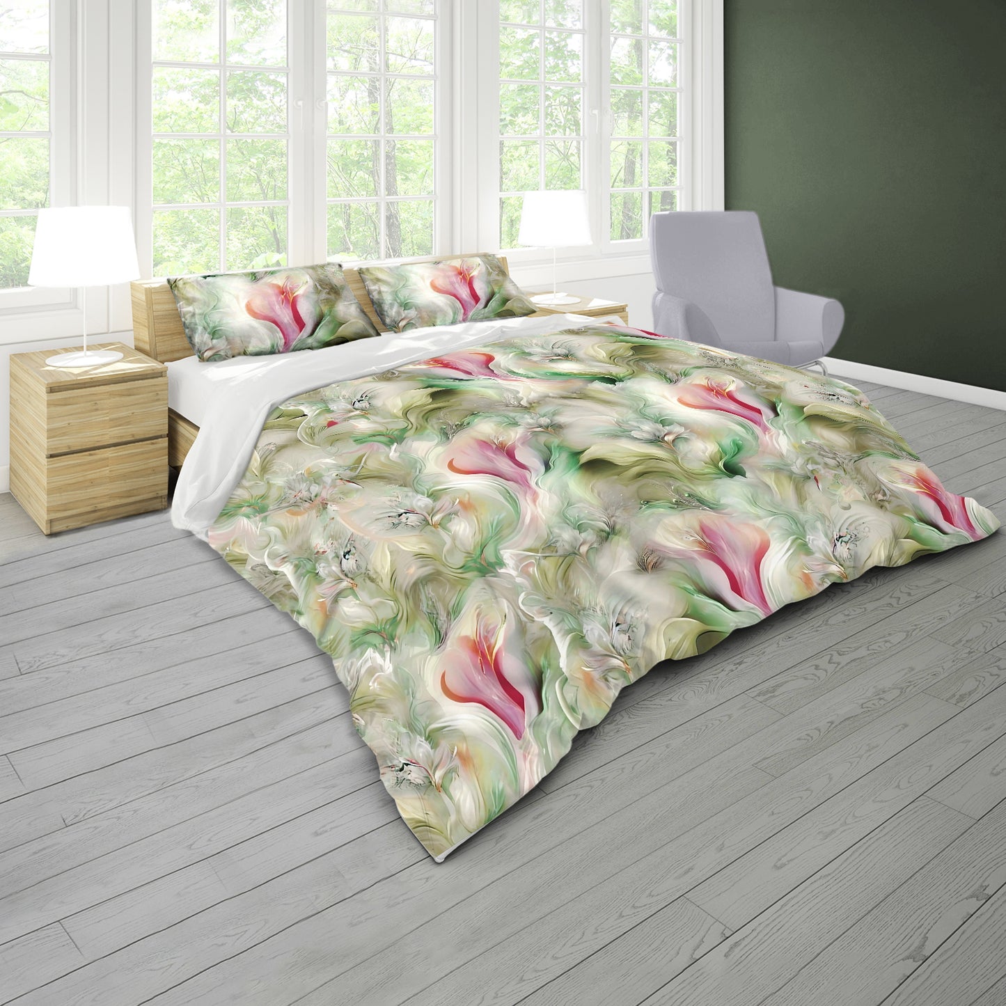 Shy Petals on Green Duvet Cover Set