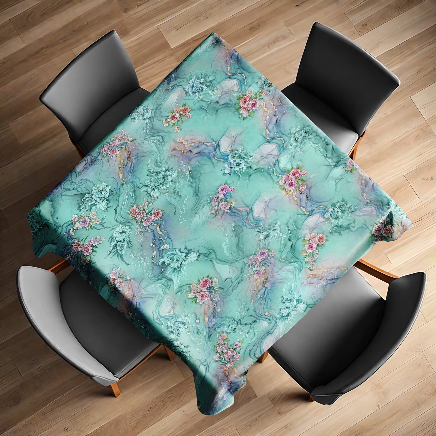 Small Bouquets in Green Square Tablecloth